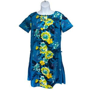 Vintage Blue Floral Hawaiian Muu Muu Midi Dress Medium Pockets Hawaii USA